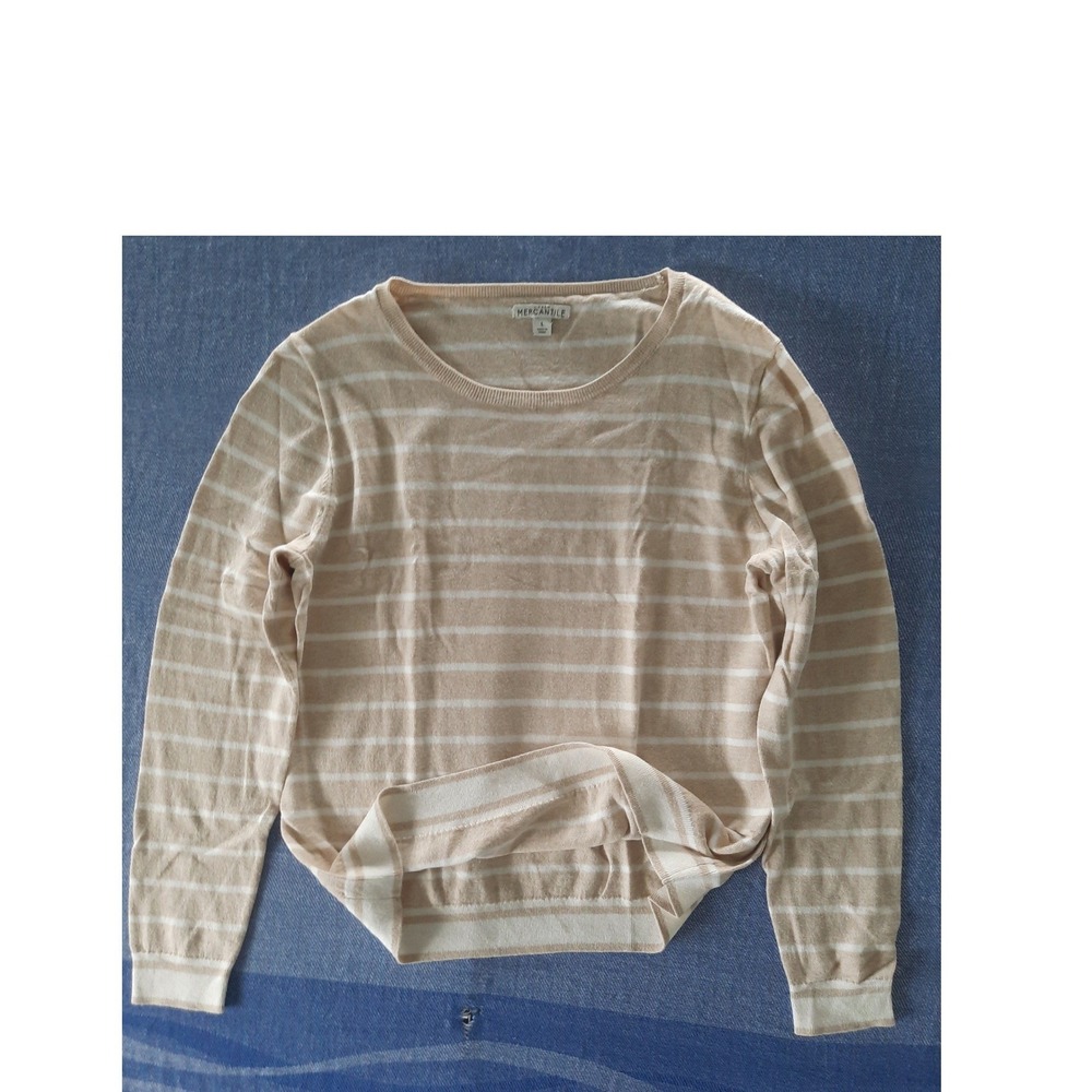 J.Crew Mercantile Tan White Striped Long Sleeve Crew Neck Sweater Large
